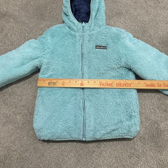 Eddie Bauer Girls Size S 7/8 Blue Puffer Coat Fleece Lined Reversible Jacket - Picture 4 of 5